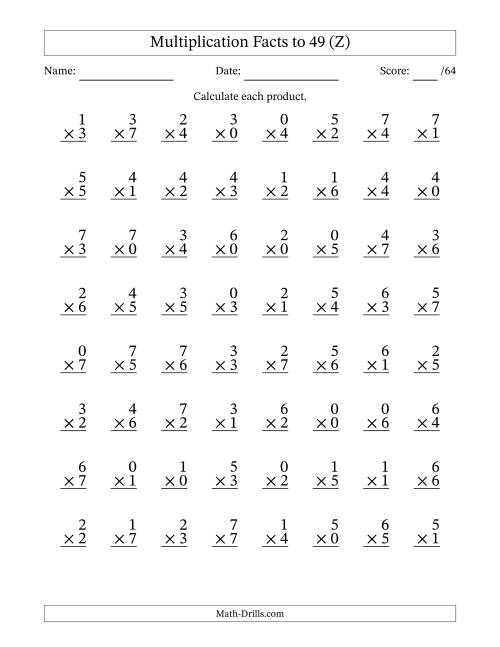 The Multiplication Facts to 49 (64 Questions) (With Zeros) (Z) Math Worksheet