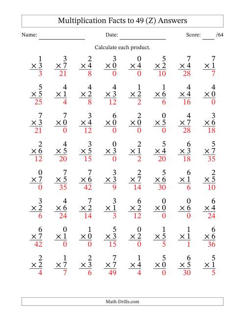 The Multiplication Facts to 49 (64 Questions) (With Zeros) (Z) Math Worksheet Page 2