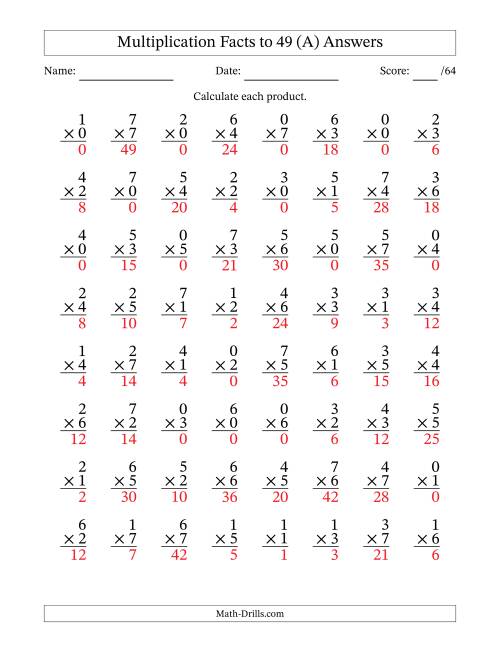 The Multiplication Facts to 49 (64 Questions) (With Zeros) (All) Math Worksheet Page 2