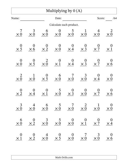 The Multiplying (0 to 7) by 0 (64 Questions) (A) Math Worksheet