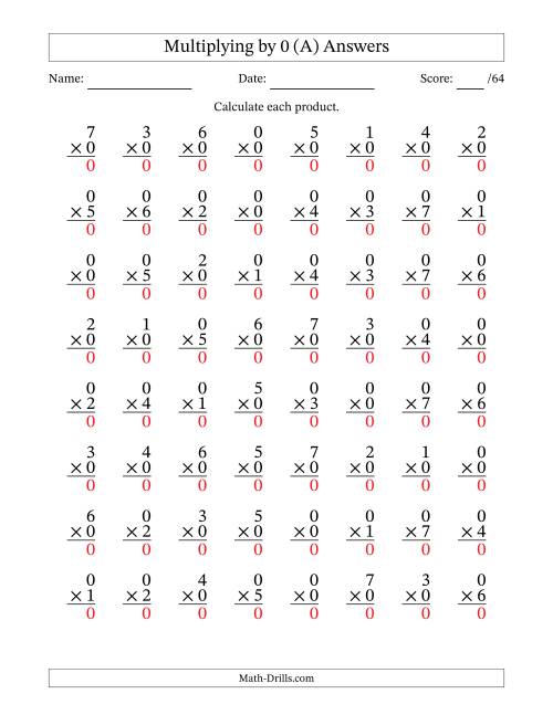The Multiplying (0 to 7) by 0 (64 Questions) (A) Math Worksheet Page 2