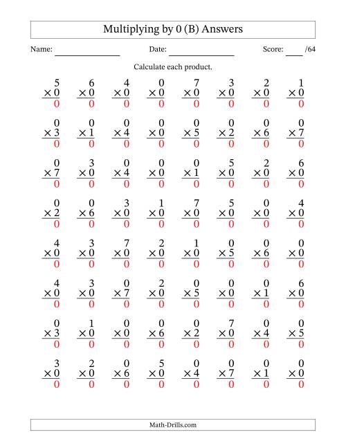 The Multiplying (0 to 7) by 0 (64 Questions) (B) Math Worksheet Page 2