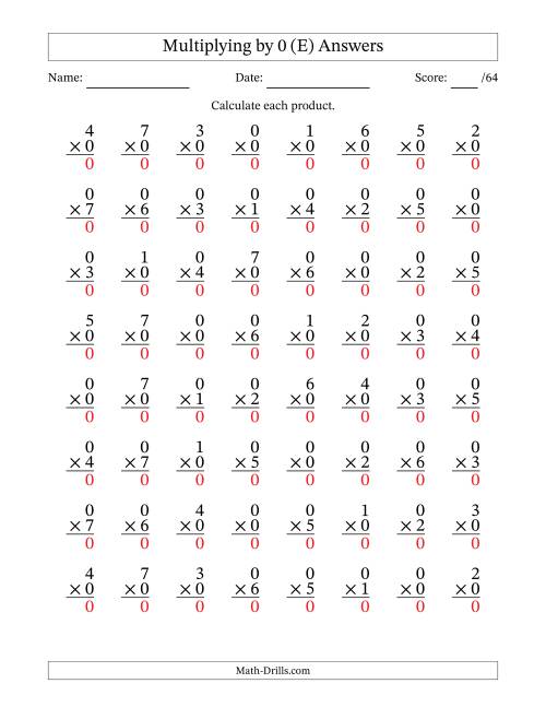 The Multiplying (0 to 7) by 0 (64 Questions) (E) Math Worksheet Page 2