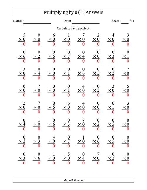 The Multiplying (0 to 7) by 0 (64 Questions) (F) Math Worksheet Page 2