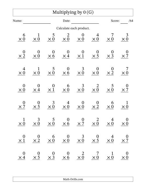The Multiplying (0 to 7) by 0 (64 Questions) (G) Math Worksheet