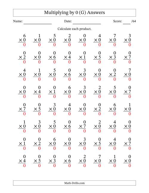 The Multiplying (0 to 7) by 0 (64 Questions) (G) Math Worksheet Page 2