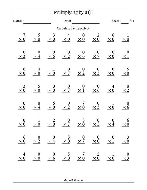 The Multiplying (0 to 7) by 0 (64 Questions) (I) Math Worksheet
