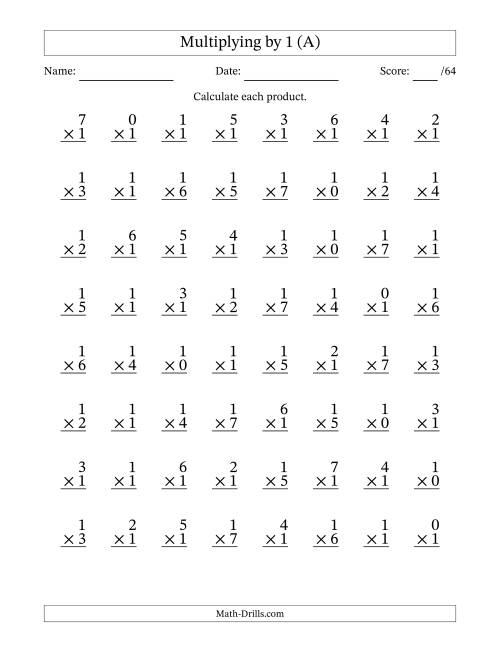 The Multiplying (0 to 7) by 1 (64 Questions) (A) Math Worksheet
