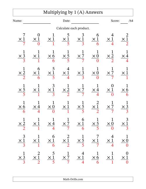 The Multiplying (0 to 7) by 1 (64 Questions) (A) Math Worksheet Page 2
