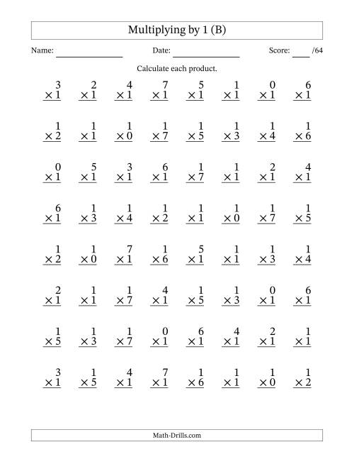 The Multiplying (0 to 7) by 1 (64 Questions) (B) Math Worksheet