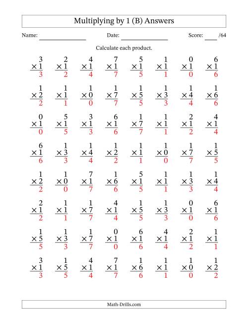 The Multiplying (0 to 7) by 1 (64 Questions) (B) Math Worksheet Page 2