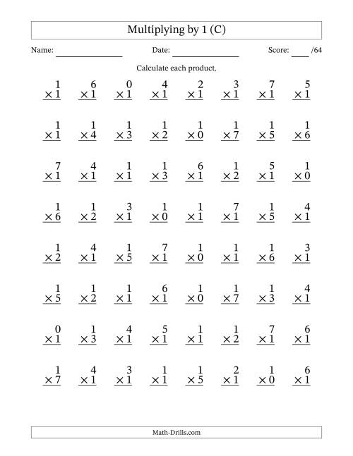 The Multiplying (0 to 7) by 1 (64 Questions) (C) Math Worksheet