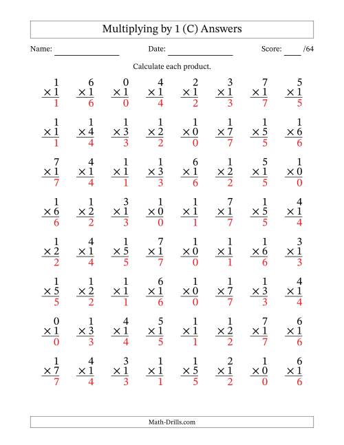 The Multiplying (0 to 7) by 1 (64 Questions) (C) Math Worksheet Page 2