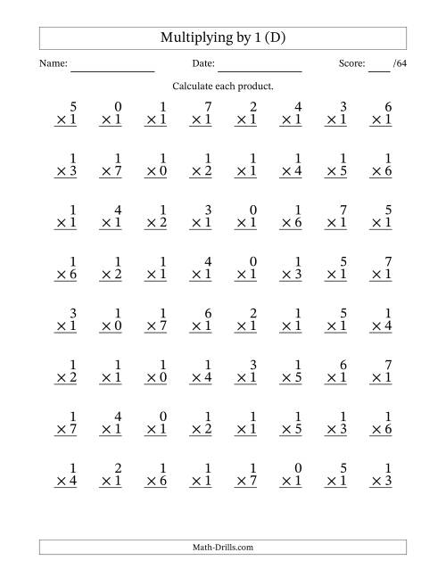 The Multiplying (0 to 7) by 1 (64 Questions) (D) Math Worksheet