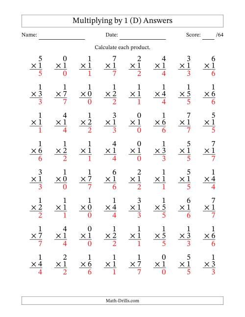 The Multiplying (0 to 7) by 1 (64 Questions) (D) Math Worksheet Page 2