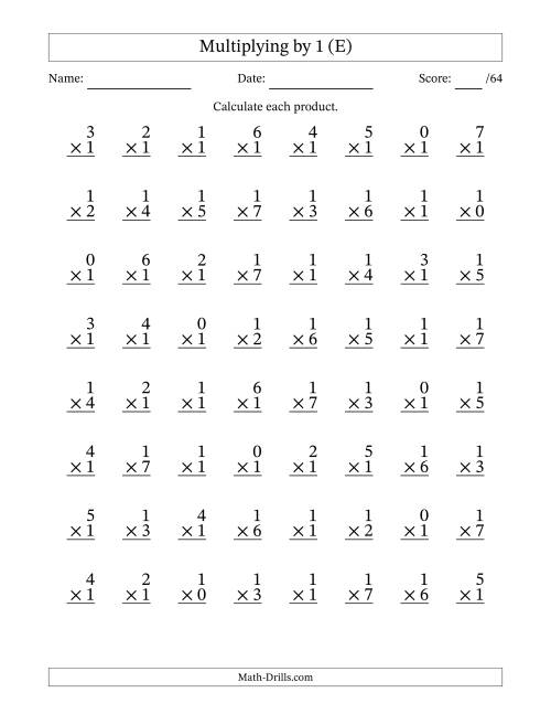 The Multiplying (0 to 7) by 1 (64 Questions) (E) Math Worksheet