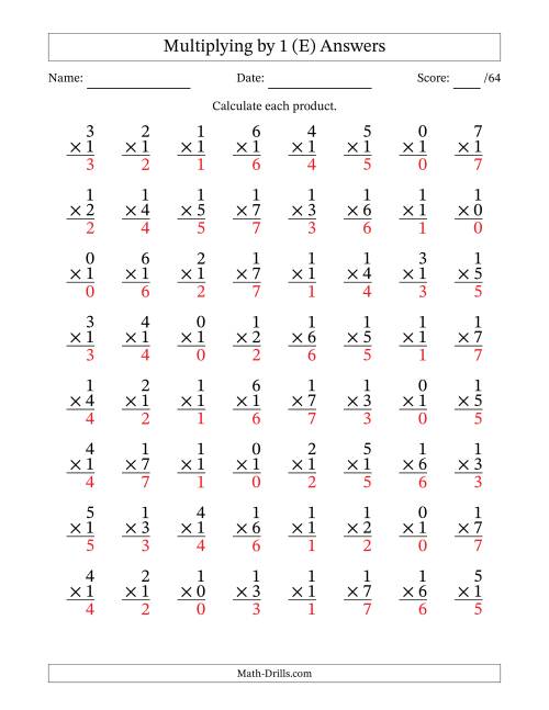 The Multiplying (0 to 7) by 1 (64 Questions) (E) Math Worksheet Page 2