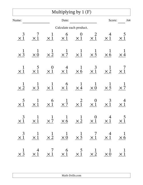 The Multiplying (0 to 7) by 1 (64 Questions) (F) Math Worksheet