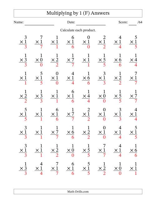 The Multiplying (0 to 7) by 1 (64 Questions) (F) Math Worksheet Page 2