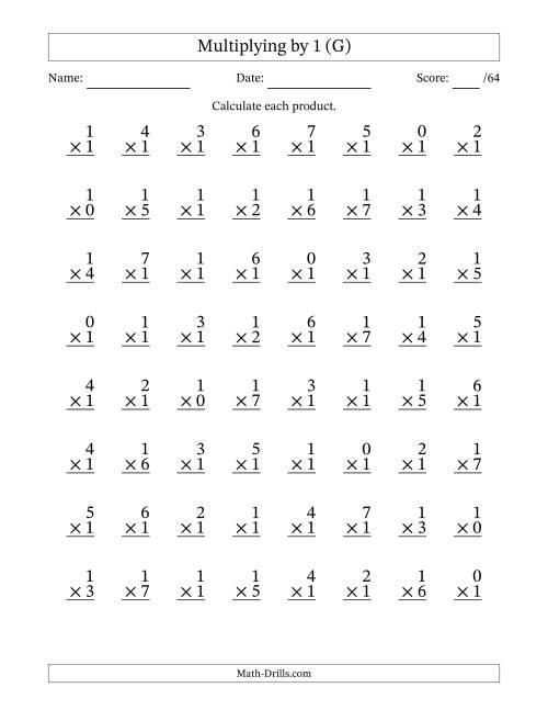The Multiplying (0 to 7) by 1 (64 Questions) (G) Math Worksheet