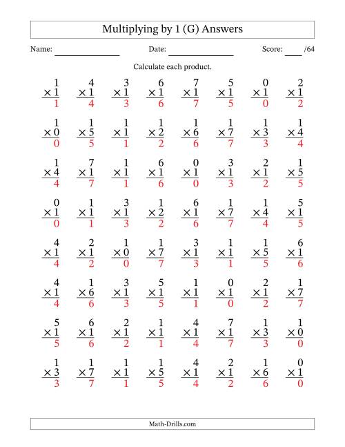 The Multiplying (0 to 7) by 1 (64 Questions) (G) Math Worksheet Page 2