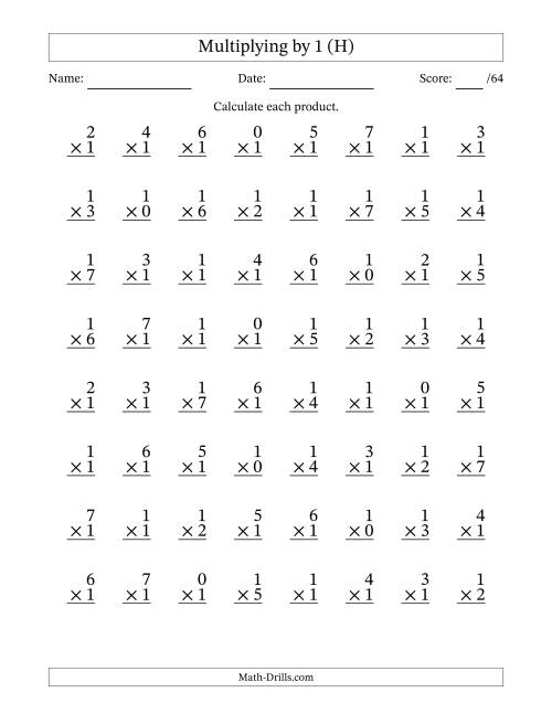 The Multiplying (0 to 7) by 1 (64 Questions) (H) Math Worksheet