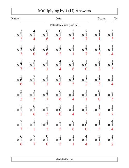 The Multiplying (0 to 7) by 1 (64 Questions) (H) Math Worksheet Page 2
