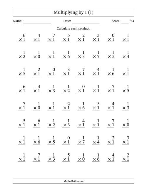 The Multiplying (0 to 7) by 1 (64 Questions) (J) Math Worksheet