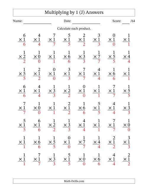 The Multiplying (0 to 7) by 1 (64 Questions) (J) Math Worksheet Page 2