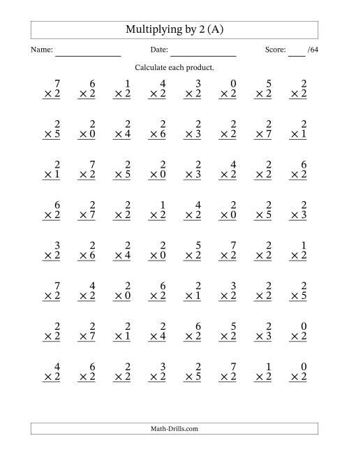 The Multiplying (0 to 7) by 2 (64 Questions) (A) Math Worksheet
