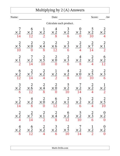 The Multiplying (0 to 7) by 2 (64 Questions) (A) Math Worksheet Page 2