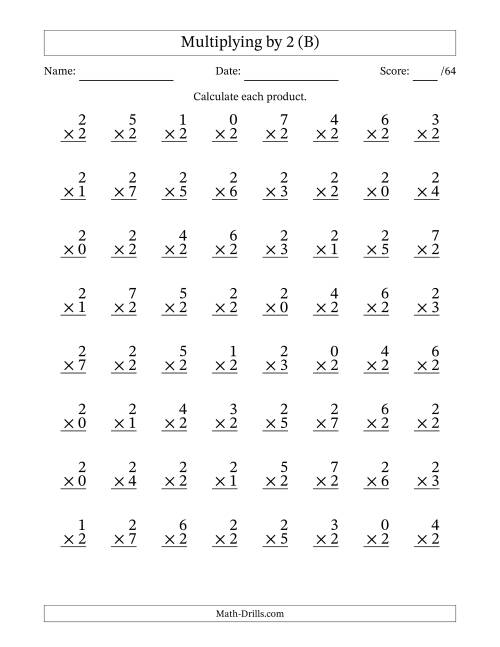 The Multiplying (0 to 7) by 2 (64 Questions) (B) Math Worksheet