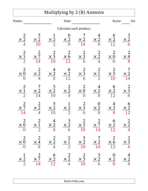 The Multiplying (0 to 7) by 2 (64 Questions) (B) Math Worksheet Page 2