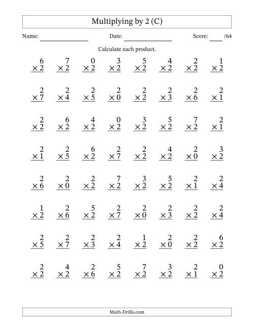 The Multiplying (0 to 7) by 2 (64 Questions) (C) Math Worksheet