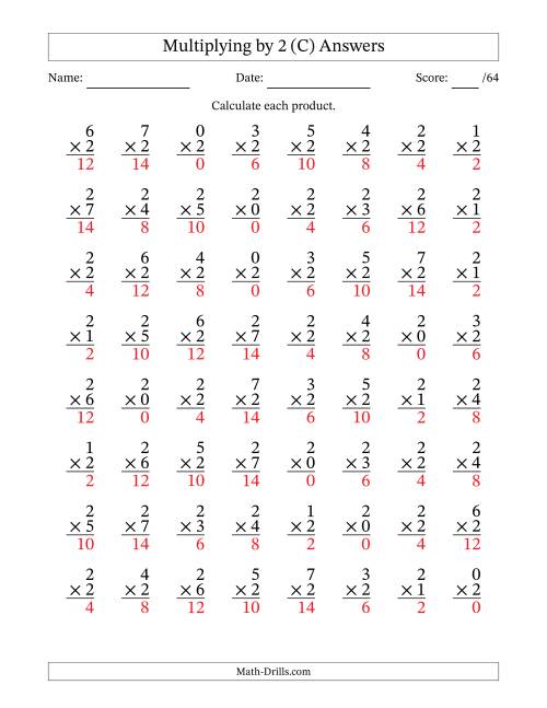 The Multiplying (0 to 7) by 2 (64 Questions) (C) Math Worksheet Page 2