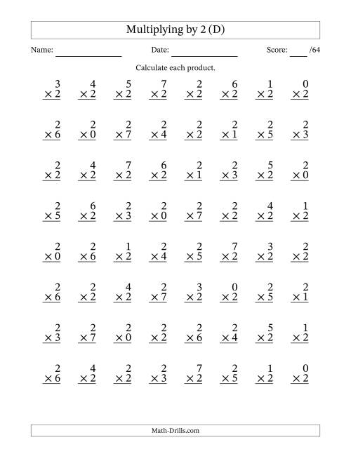 The Multiplying (0 to 7) by 2 (64 Questions) (D) Math Worksheet