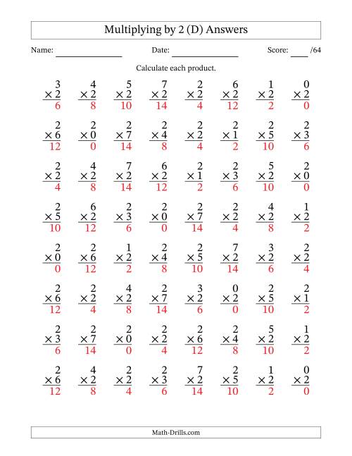 The Multiplying (0 to 7) by 2 (64 Questions) (D) Math Worksheet Page 2