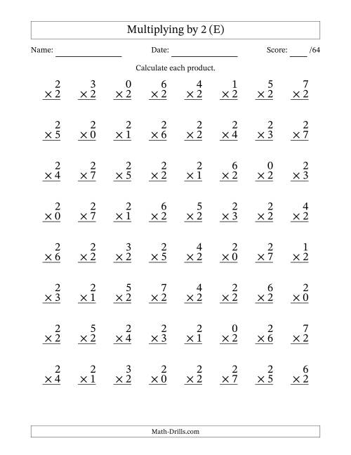 The Multiplying (0 to 7) by 2 (64 Questions) (E) Math Worksheet