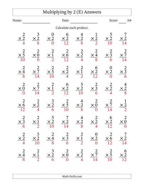 The Multiplying (0 to 7) by 2 (64 Questions) (E) Math Worksheet Page 2