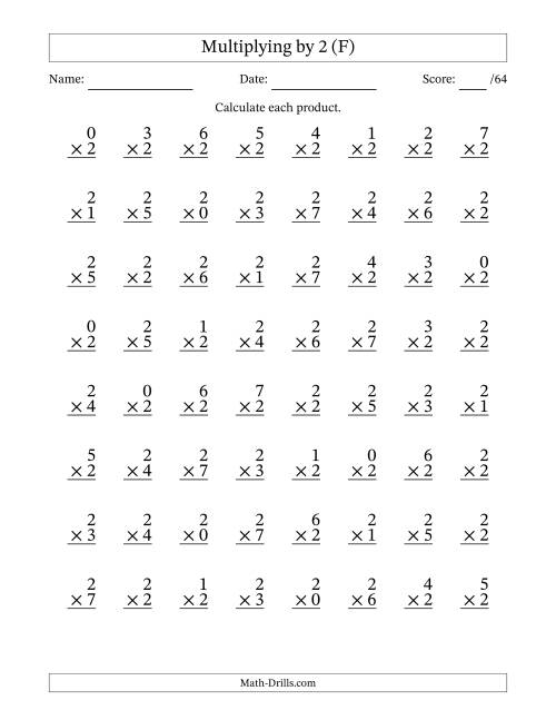 The Multiplying (0 to 7) by 2 (64 Questions) (F) Math Worksheet