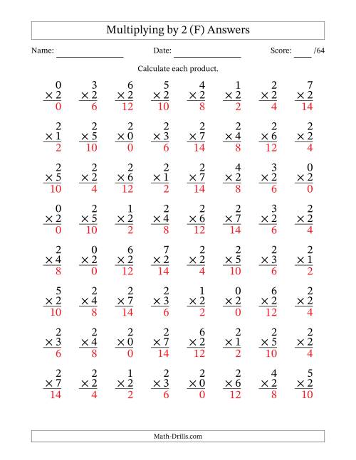 The Multiplying (0 to 7) by 2 (64 Questions) (F) Math Worksheet Page 2