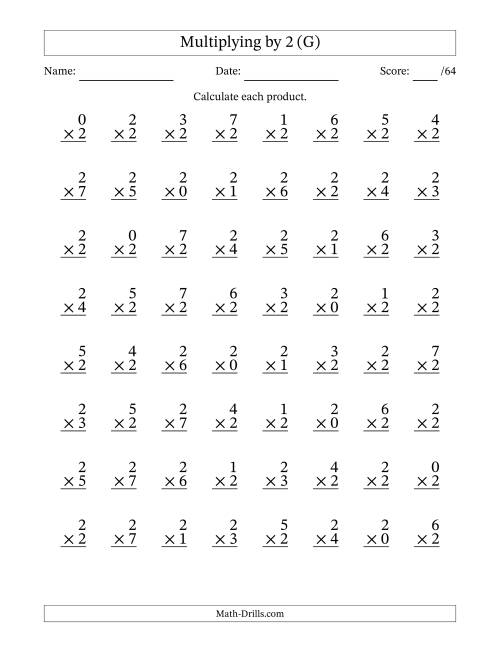The Multiplying (0 to 7) by 2 (64 Questions) (G) Math Worksheet
