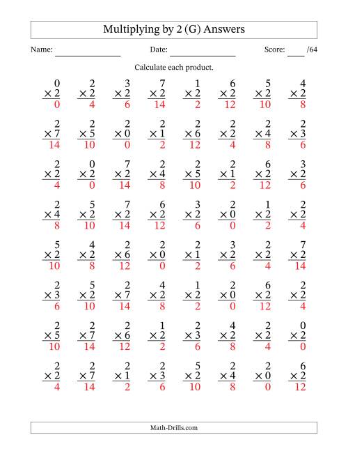 The Multiplying (0 to 7) by 2 (64 Questions) (G) Math Worksheet Page 2