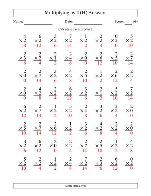 The Multiplying (0 to 7) by 2 (64 Questions) (H) Math Worksheet Page 2