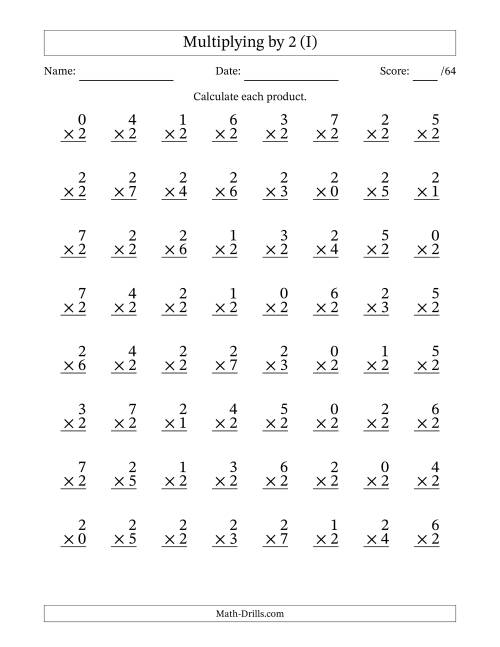 The Multiplying (0 to 7) by 2 (64 Questions) (I) Math Worksheet