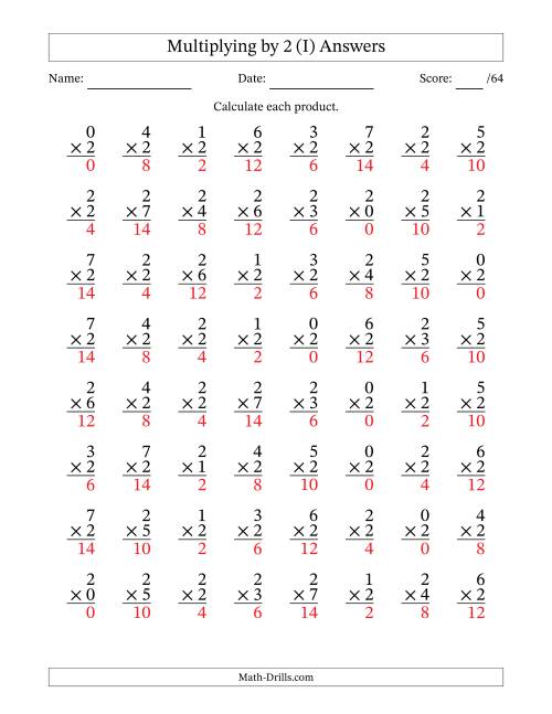 The Multiplying (0 to 7) by 2 (64 Questions) (I) Math Worksheet Page 2