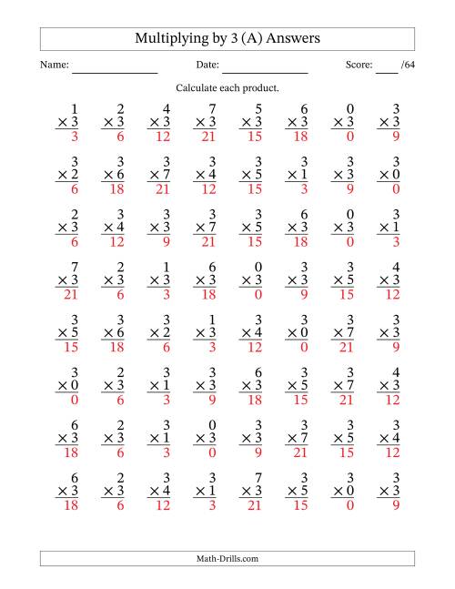 The Multiplying (0 to 7) by 3 (64 Questions) (A) Math Worksheet Page 2