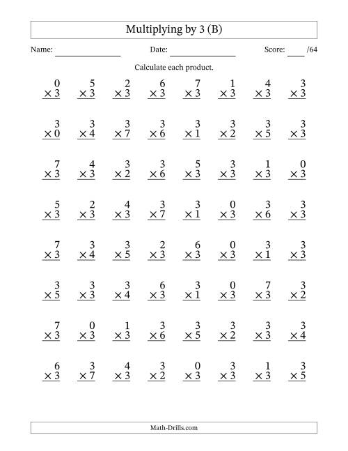 The Multiplying (0 to 7) by 3 (64 Questions) (B) Math Worksheet