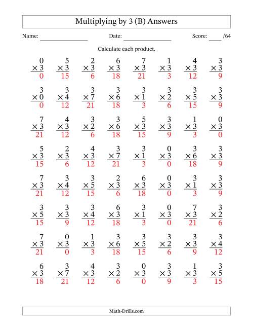 The Multiplying (0 to 7) by 3 (64 Questions) (B) Math Worksheet Page 2