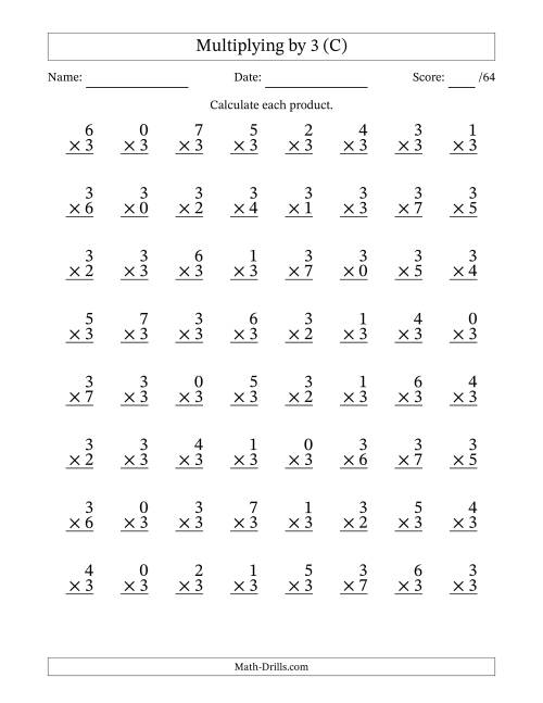 The Multiplying (0 to 7) by 3 (64 Questions) (C) Math Worksheet